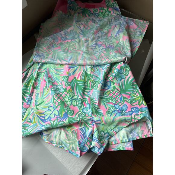 Lilly Pulitzer Donna Romper 12 Womens Pink Green Floral Side Tie Coconut Row New - Picture 9 of 16